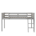 Cama tipo litera baja de madera maciza gris tamaño completo con escalera y deflector de cerca, y soporte de listones de madera para dormitorio