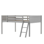Cama tipo litera baja de madera maciza gris tamaño completo con escalera y deflector de cerca, y soporte de listones de madera para dormitorio