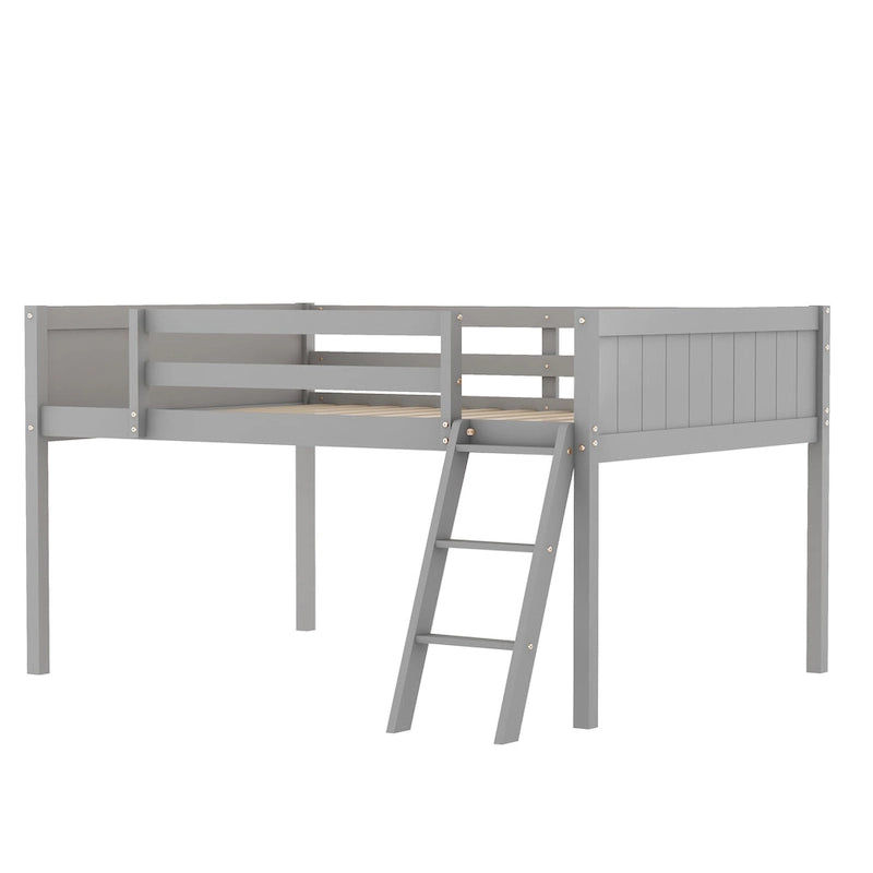 Cama tipo litera baja de madera maciza gris tamaño completo con escalera y deflector de cerca, y soporte de listones de madera para dormitorio