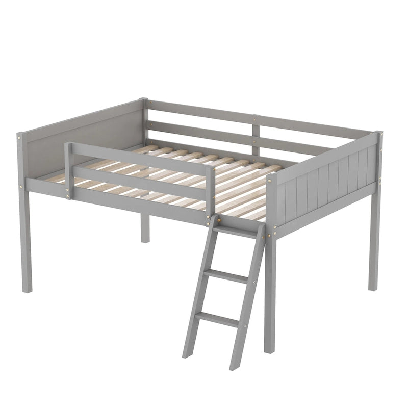 Cama tipo litera baja de madera maciza gris tamaño completo con escalera y deflector de cerca, y soporte de listones de madera para dormitorio