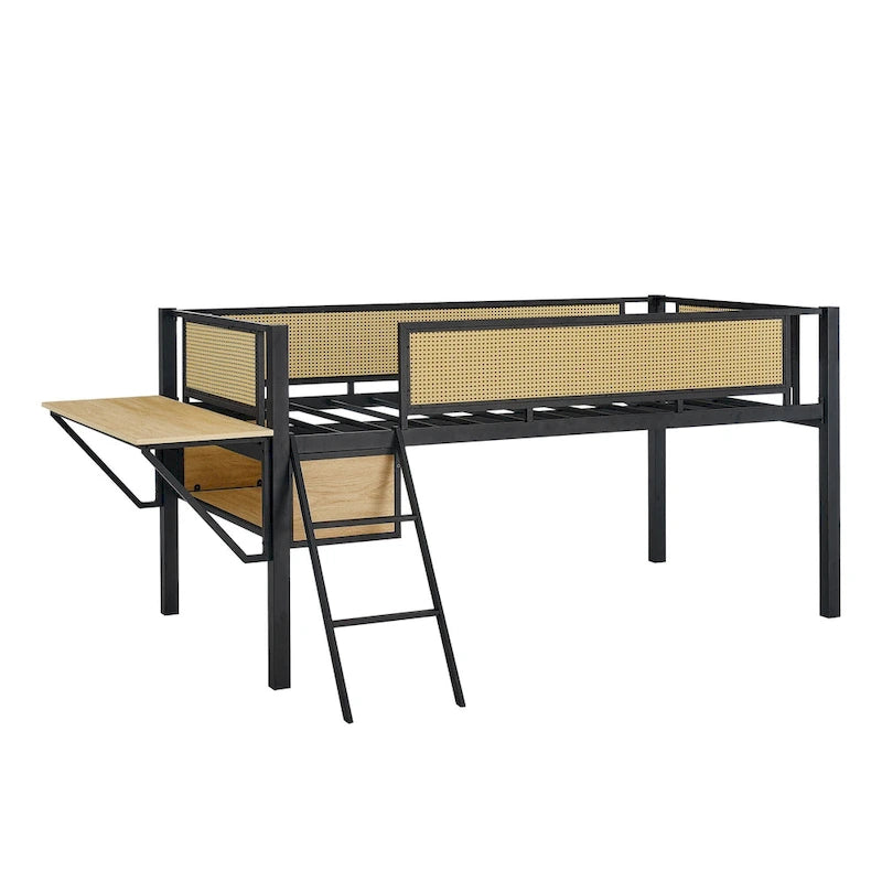 Cama alta de metal Black+Natural tamaño Twin con escritorio rectangular y almacenamiento