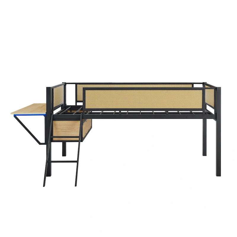 Cama alta de metal Black+Natural tamaño Twin con escritorio rectangular y almacenamiento