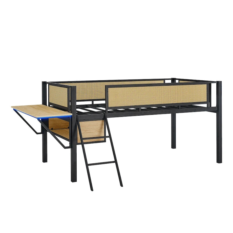 Cama alta de metal Black+Natural tamaño Twin con escritorio rectangular y almacenamiento