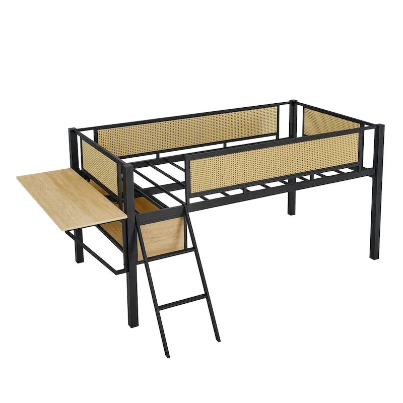 Cama alta de metal Black+Natural tamaño Twin con escritorio rectangular y almacenamiento