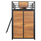 Cama alta de metal y madera negra de tamaño individual con escritorio en forma de L y armario