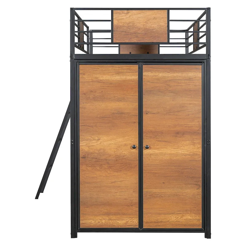 Cama alta de metal y madera negra de tamaño individual con escritorio en forma de L y armario