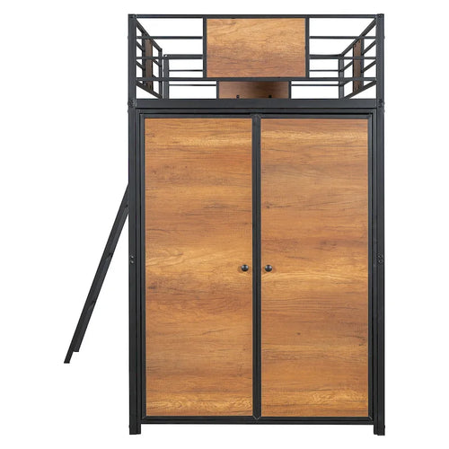 Cama alta de metal y madera negra de tamaño individual con escritorio en forma de L y armario