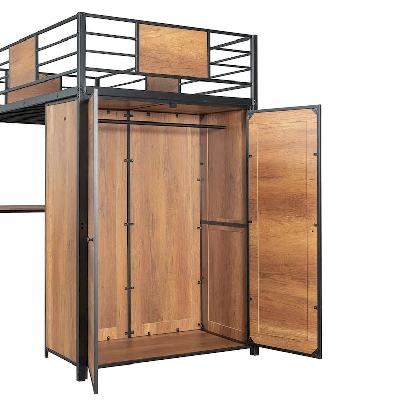 Cama alta de metal y madera negra de tamaño individual con escritorio en forma de L y armario