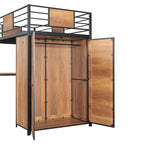 Cama alta de metal y madera negra de tamaño individual con escritorio en forma de L y armario
