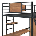 Cama alta de metal y madera negra de tamaño individual con escritorio en forma de L y armario