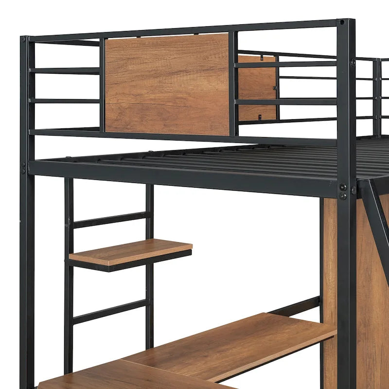 Cama alta de metal y madera negra de tamaño individual con escritorio en forma de L y armario