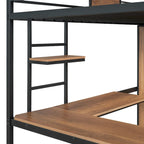 Cama alta de metal y madera negra de tamaño individual con escritorio en forma de L y armario