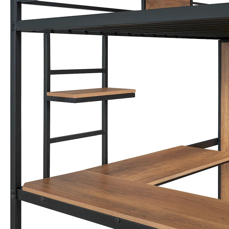 Cama alta de metal y madera negra de tamaño individual con escritorio en forma de L y armario