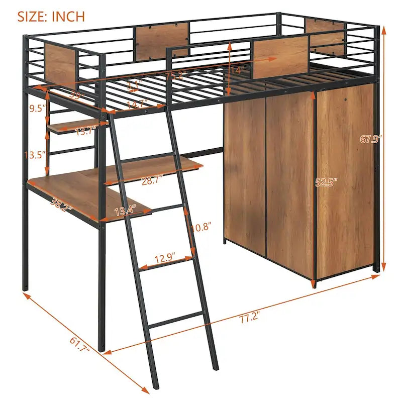 Cama alta de metal y madera negra de tamaño individual con escritorio en forma de L y armario