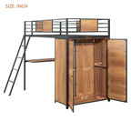 Cama alta de metal y madera negra de tamaño individual con escritorio en forma de L y armario