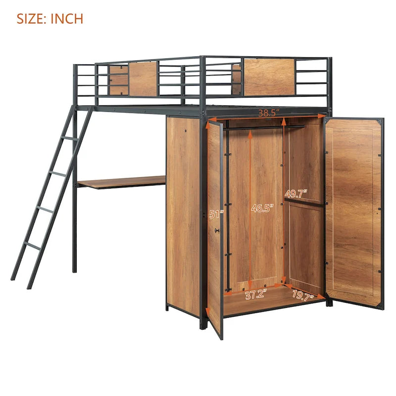 Cama alta de metal y madera negra de tamaño individual con escritorio en forma de L y armario