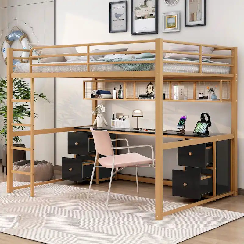 Cama alta de metal Gold+Black tamaño completo con escritorio, cajones, estación de carga y USB