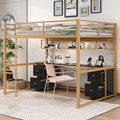 Cama alta de metal Gold+Black tamaño completo con escritorio, cajones, estación de carga y USB
