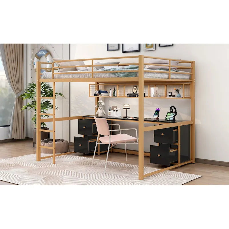 Cama alta de metal Gold+Black tamaño completo con escritorio, cajones, estación de carga y USB