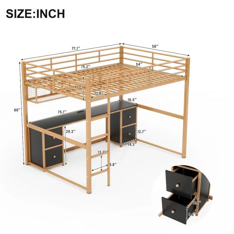 Cama alta de metal Gold+Black tamaño completo con escritorio, cajones, estación de carga y USB