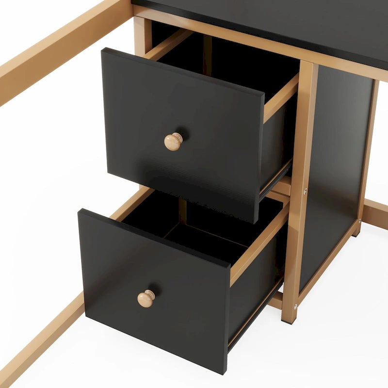 Cama alta de metal Gold+Black tamaño completo con escritorio, cajones, estación de carga y USB