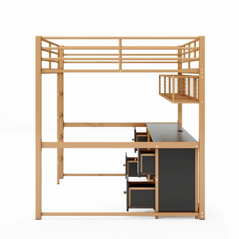 Cama alta de metal Gold+Black tamaño completo con escritorio, cajones, estación de carga y USB
