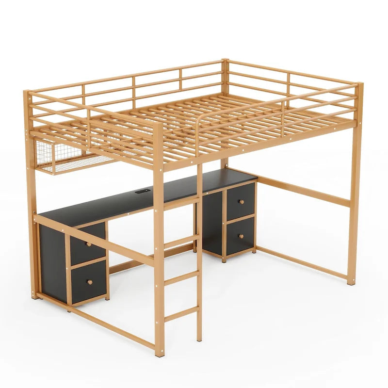 Cama alta de metal Gold+Black tamaño completo con escritorio, cajones, estación de carga y USB