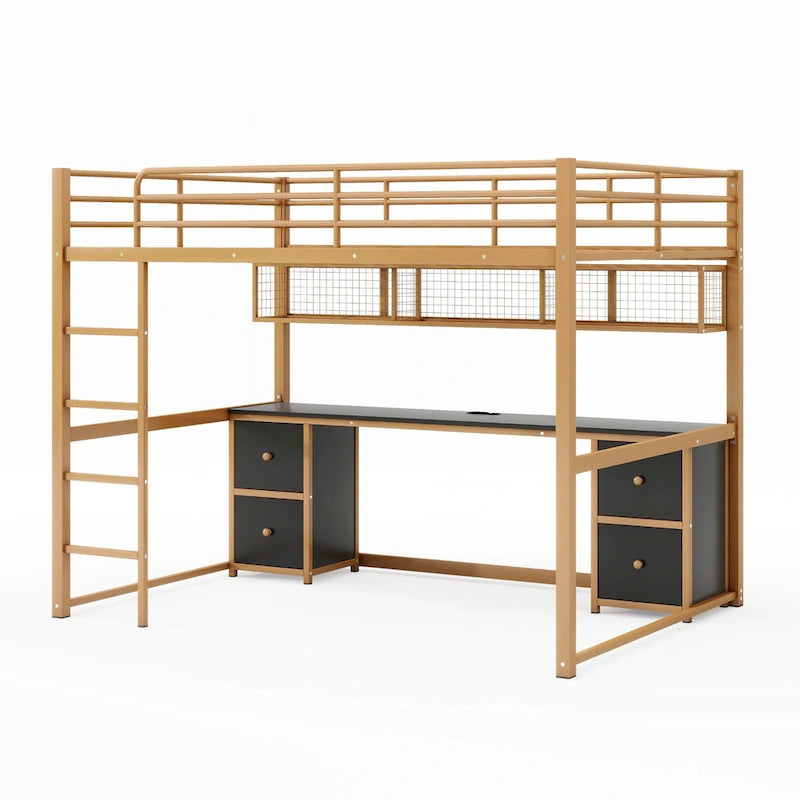 Cama alta de metal Gold+Black tamaño completo con escritorio, cajones, estación de carga y USB