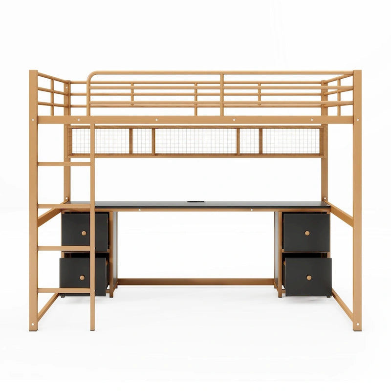 Cama alta de metal Gold+Black tamaño completo con escritorio, cajones, estación de carga y USB