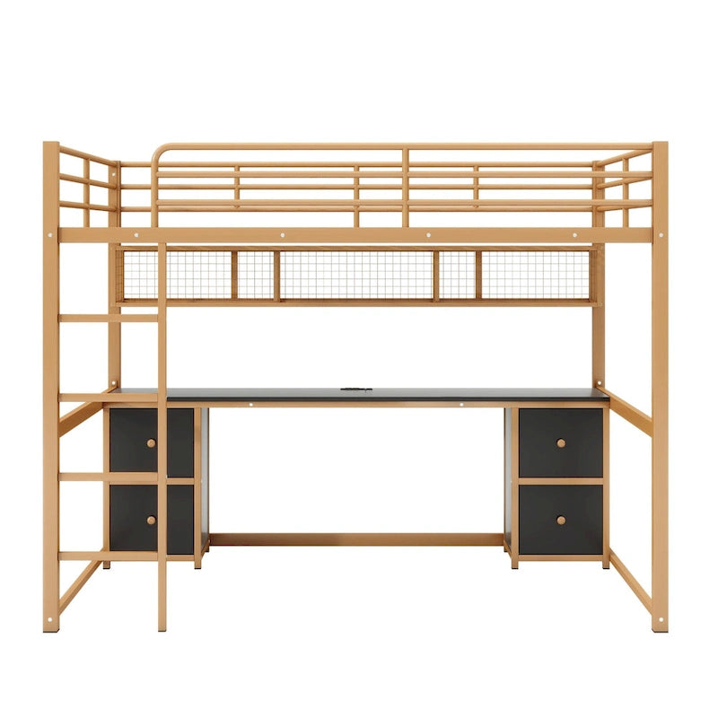 Cama alta de metal Gold+Black tamaño completo con escritorio, cajones, estación de carga y USB