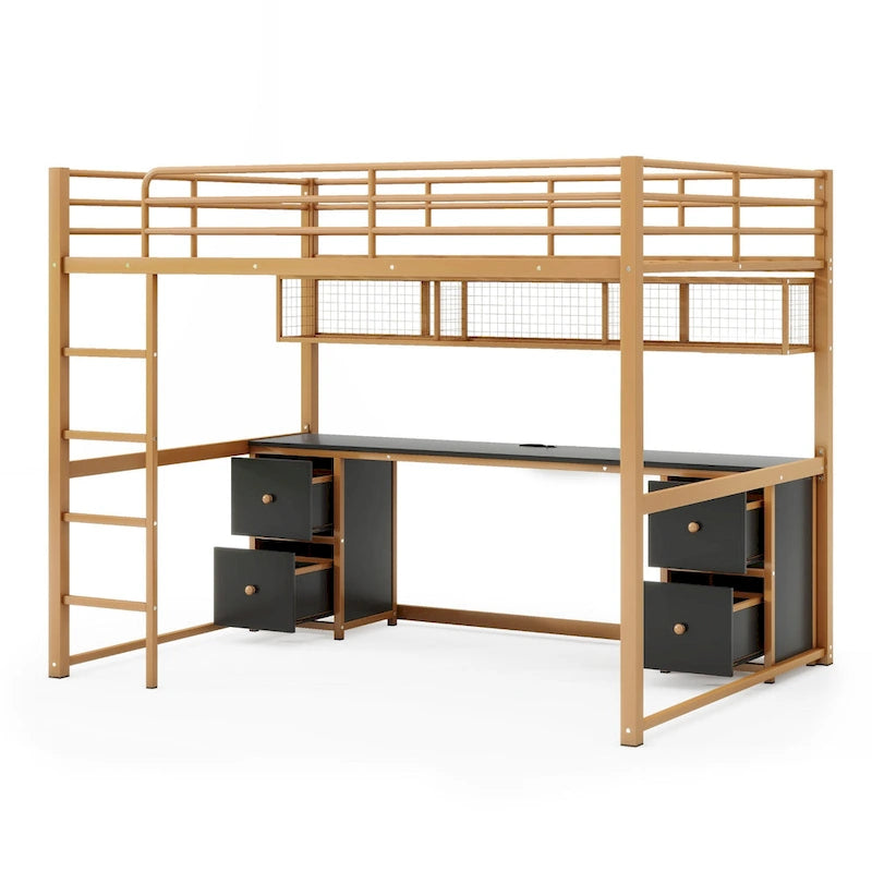 Cama alta de metal Gold+Black tamaño completo con escritorio, cajones, estación de carga y USB