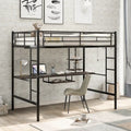 Cama alta de metal negra de tamaño completo con escritorio y estante, diseño que ahorra espacio para niños, dormitorio