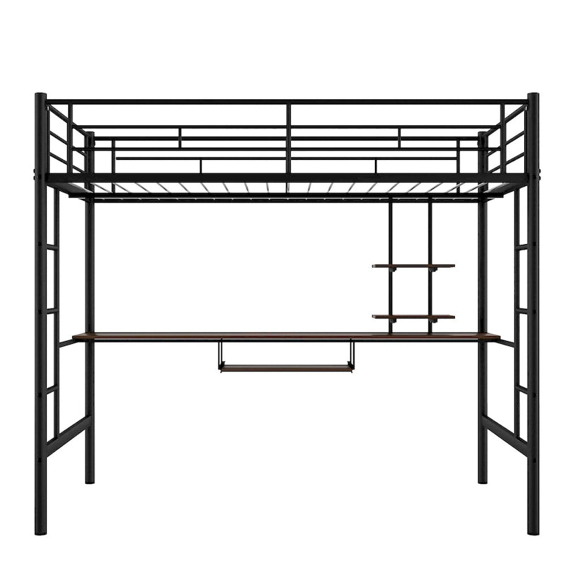 Cama alta de metal negra de tamaño completo con escritorio y estante, diseño que ahorra espacio para niños, dormitorio