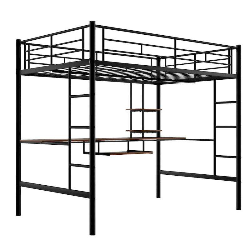 Cama alta de metal negra de tamaño completo con escritorio y estante, diseño que ahorra espacio para niños, dormitorio