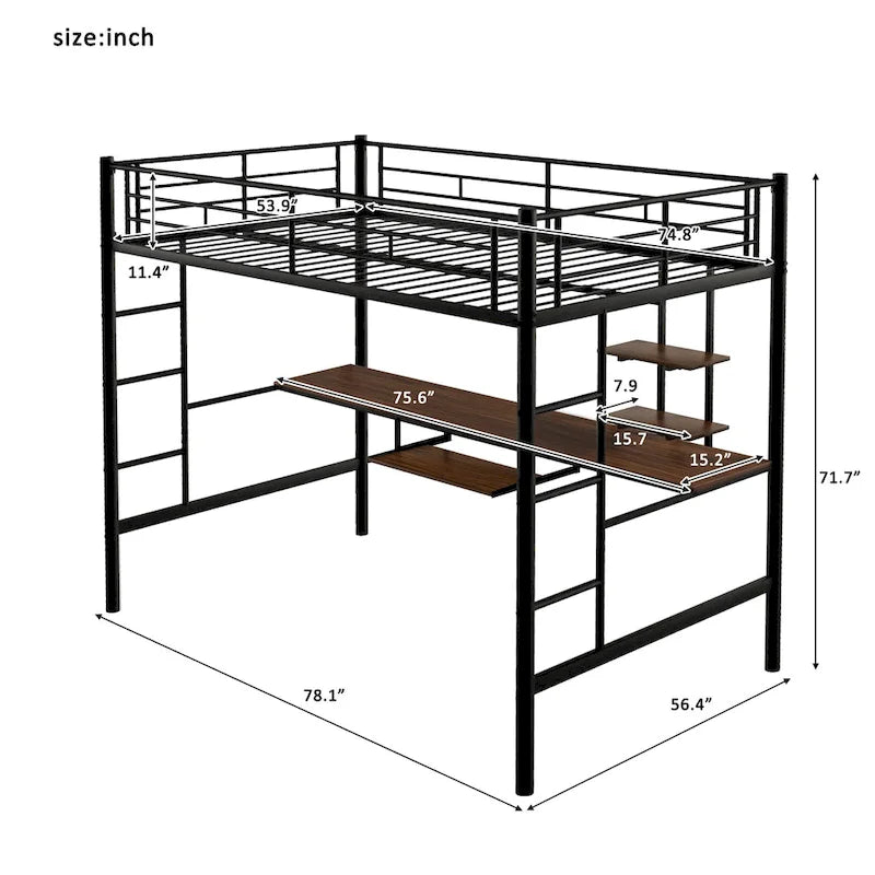 Cama alta de metal negra de tamaño completo con escritorio y estante, diseño que ahorra espacio para niños, dormitorio