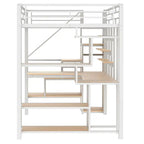 Cama alta de metal blanca tamaño matrimonial con escalera de almacenamiento, armario pequeño y escritorio