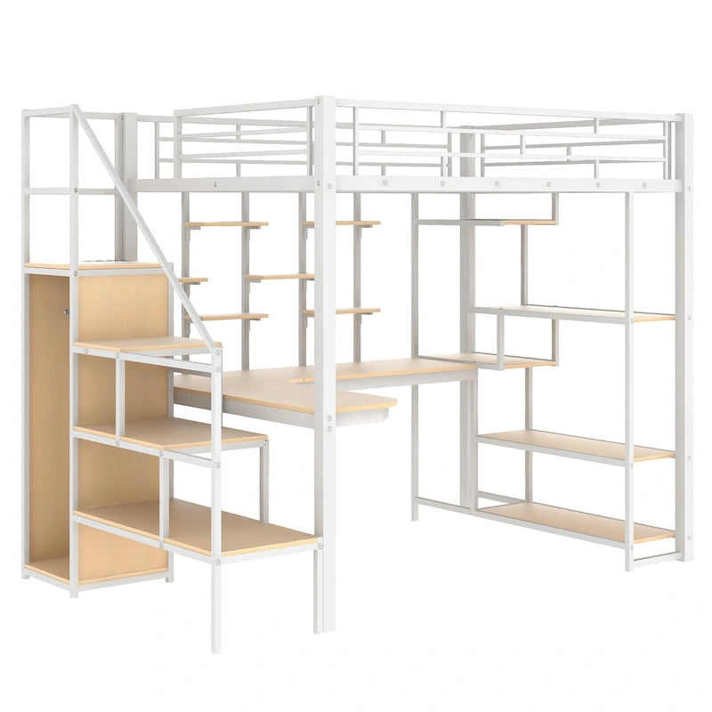 Cama alta de metal blanca tamaño matrimonial con escalera de almacenamiento, armario pequeño y escritorio