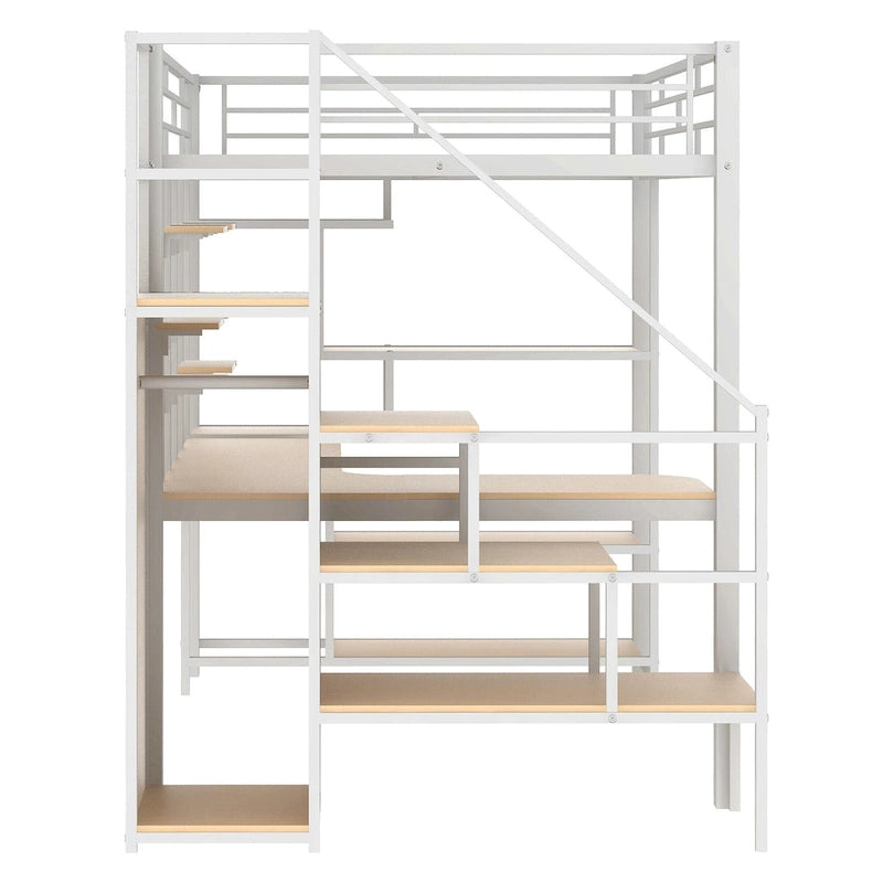 Cama alta de metal blanca tamaño matrimonial con escalera de almacenamiento, armario pequeño y escritorio