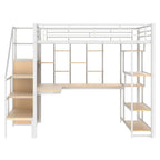 Cama alta de metal blanca tamaño matrimonial con escalera de almacenamiento, armario pequeño y escritorio