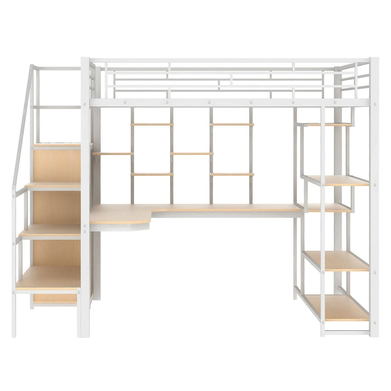 Cama alta de metal blanca tamaño matrimonial con escalera de almacenamiento, armario pequeño y escritorio