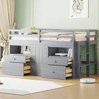Gray Twin Size Solid Wood Loft Bed with Drawers and Cabinet
