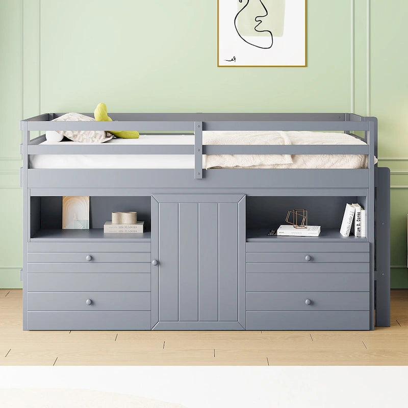 Cama alta de madera maciza gris tamaño twin con cajones y armario