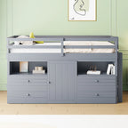 Cama alta de madera maciza gris tamaño twin con cajones y armario