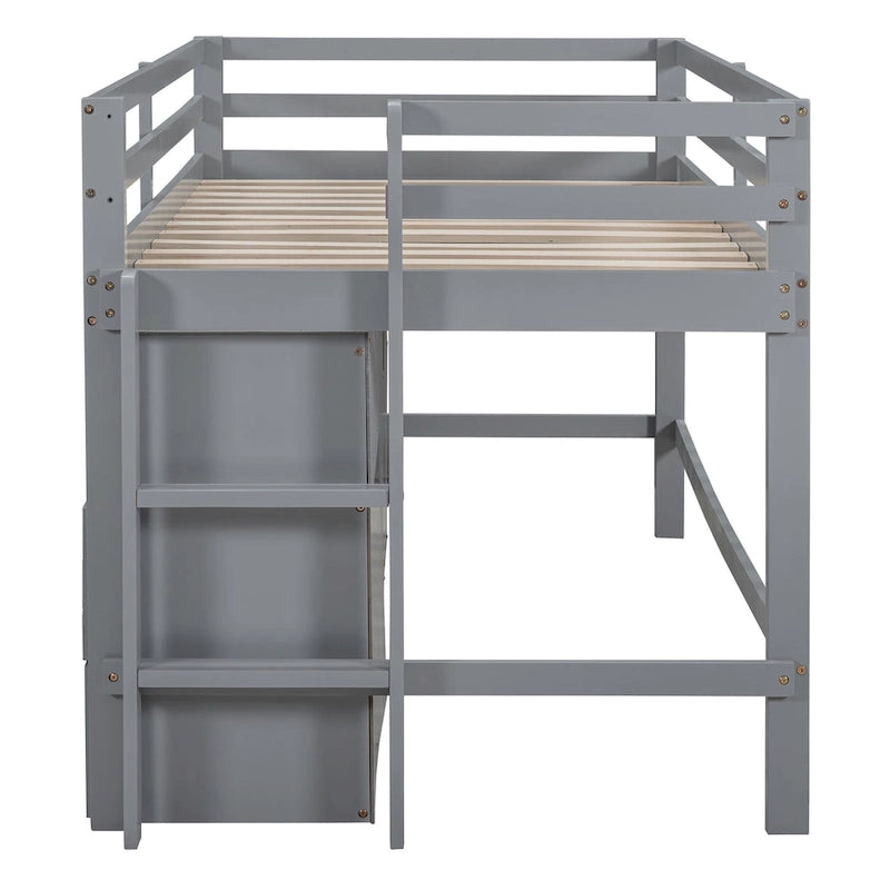 Cama alta de madera maciza gris tamaño twin con cajones y armario