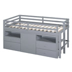 Cama alta de madera maciza gris tamaño twin con cajones y armario