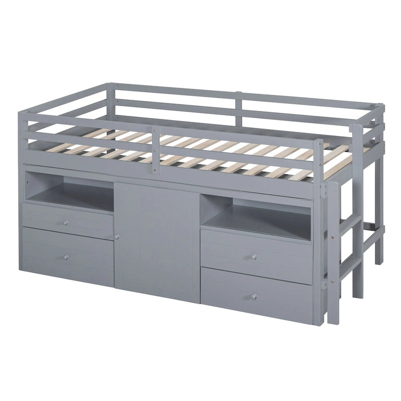 Cama alta de madera maciza gris tamaño twin con cajones y armario