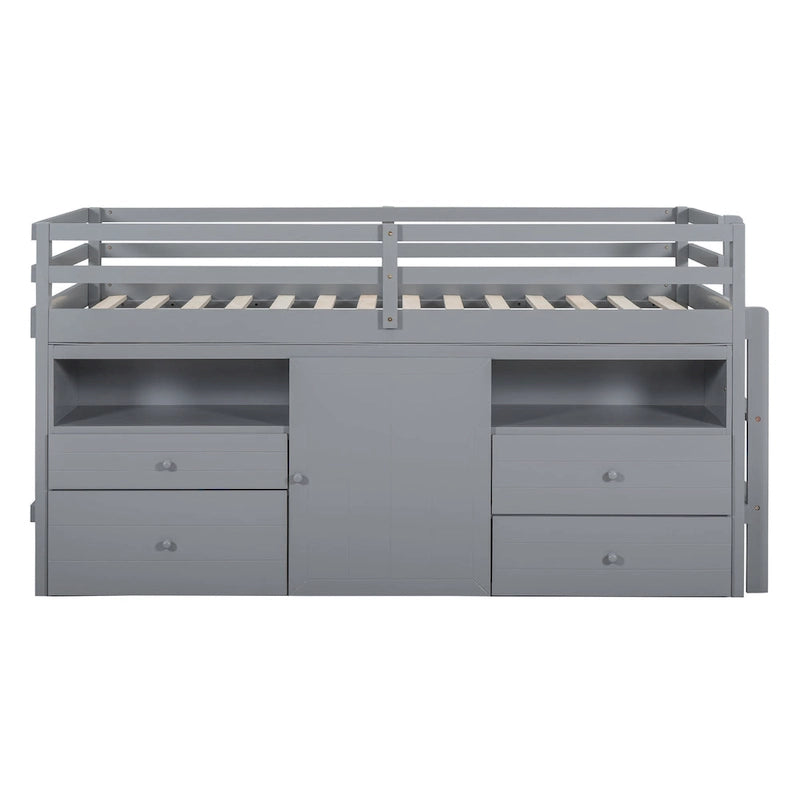 Cama alta de madera maciza gris tamaño twin con cajones y armario