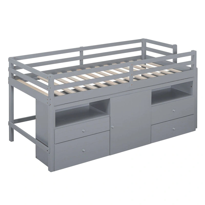 Cama alta de madera maciza gris tamaño twin con cajones y armario