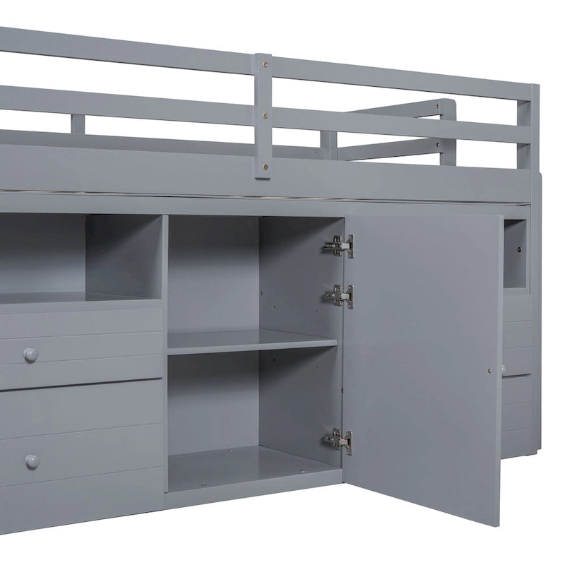 Cama alta de madera maciza gris tamaño twin con cajones y armario