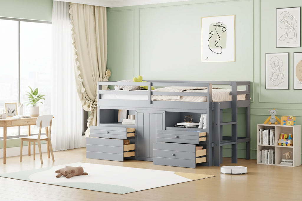Cama alta de madera maciza gris tamaño twin con 4 cajones, armario inferior y estantes